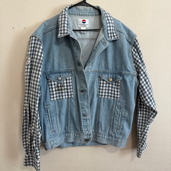 Upcycled Denim Trucker Jacket by Pepsi w/KISS Graphic & Plaid Accents Size XL - Picture 2 of 10